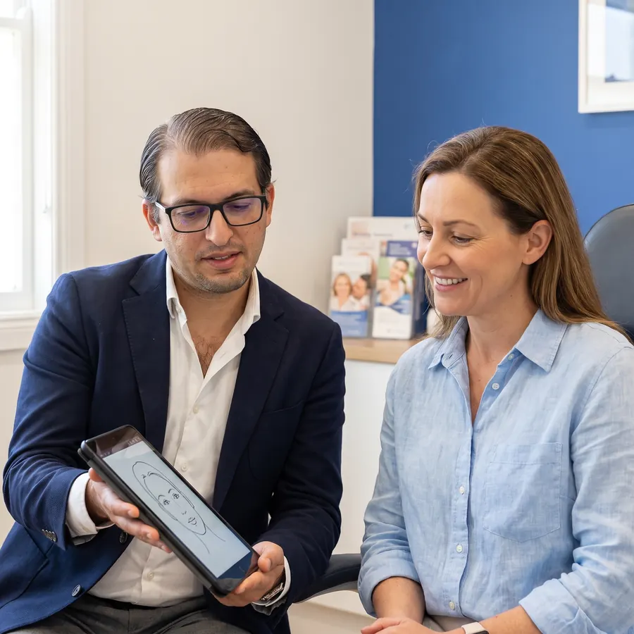Dr Khan talking a patient through her treatment plan on a tablet