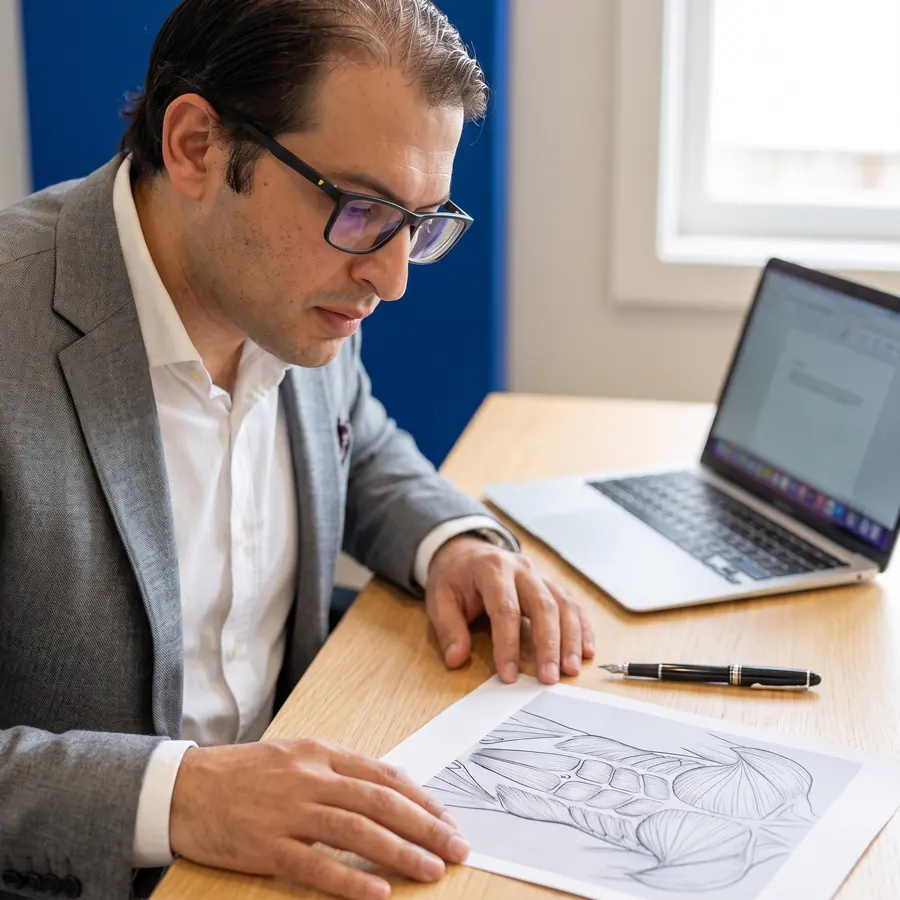 Dr Khan reviewing an anatomical drawing of the abdominal muscles