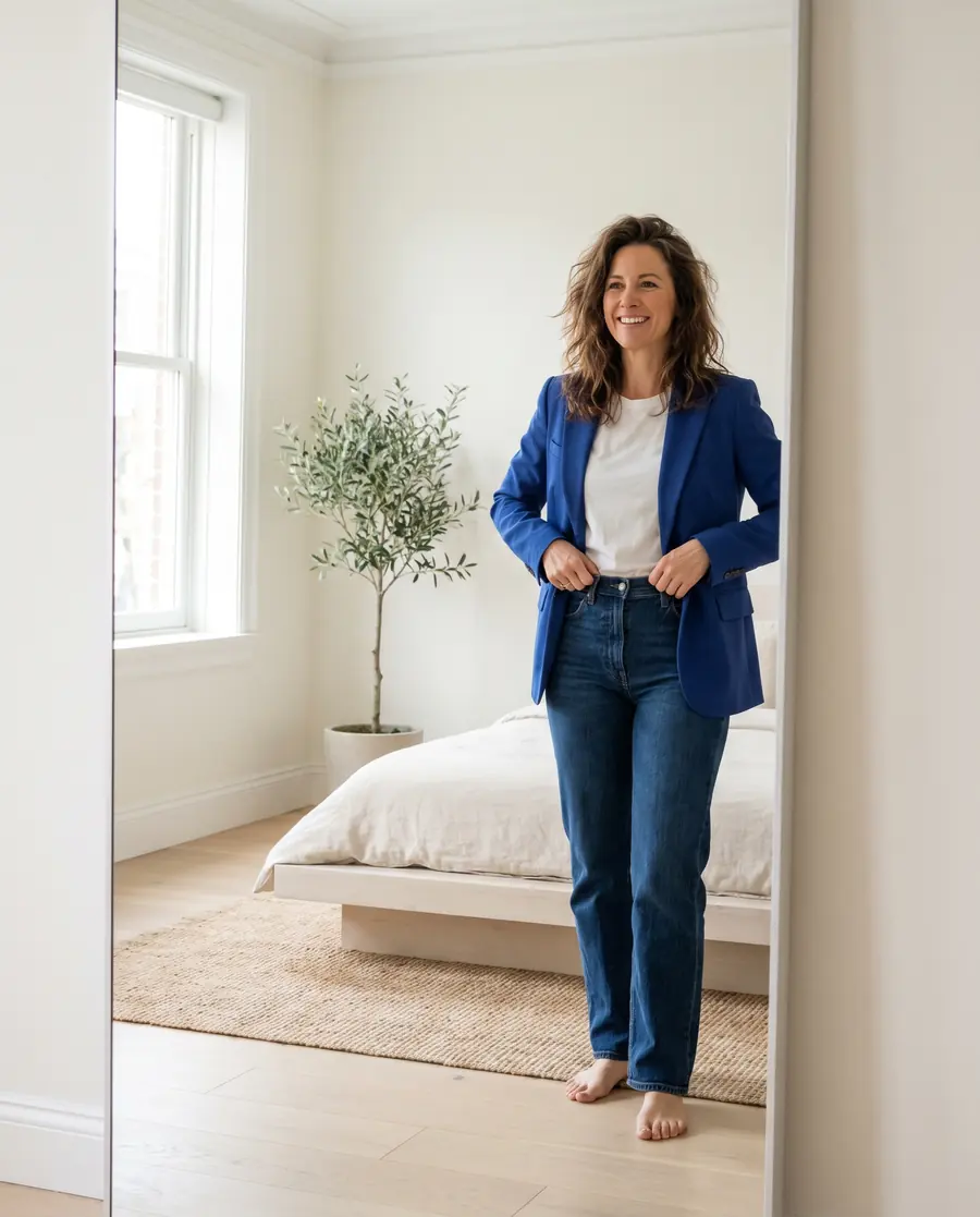 A woman smiling in the mirror as she dresses in jeans and a blue blazer